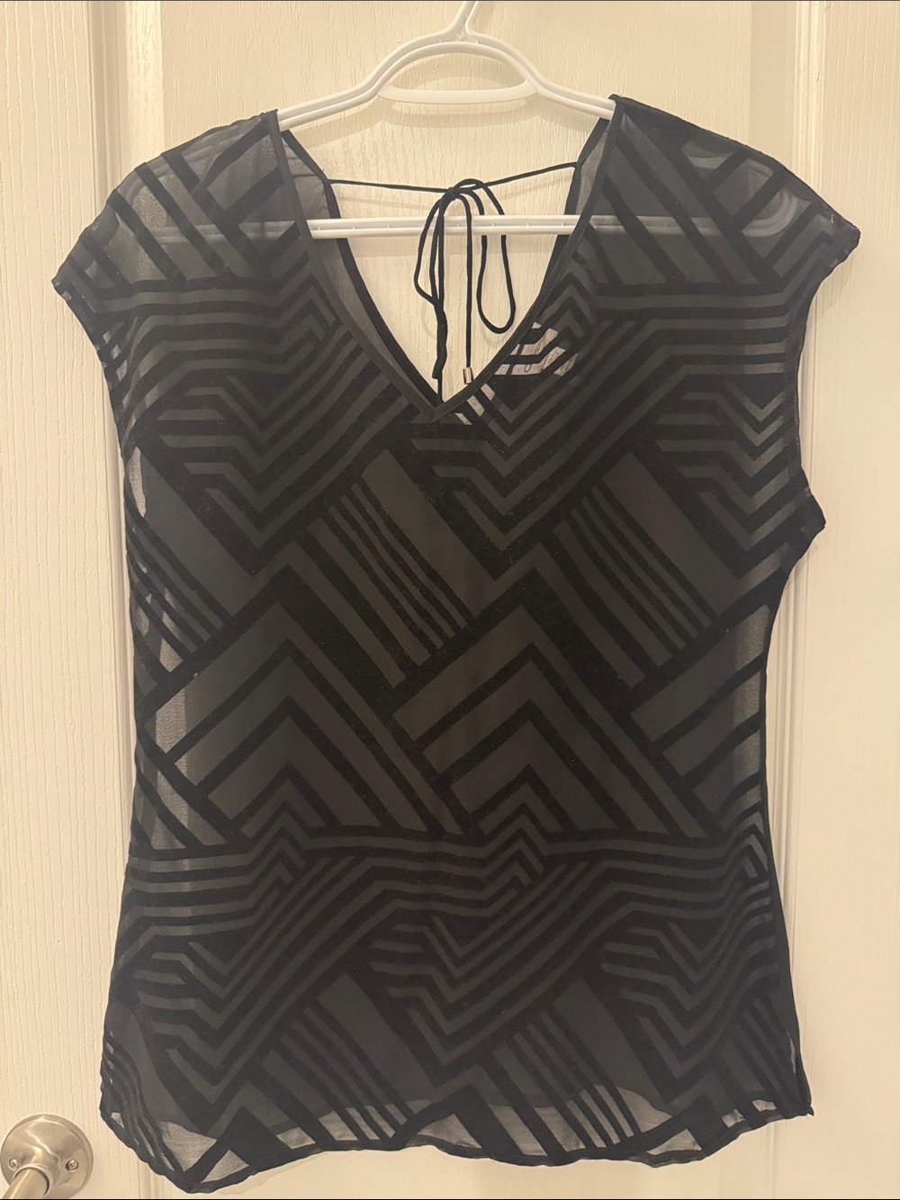 Black Geometric Sheer V-Neck Women's Top